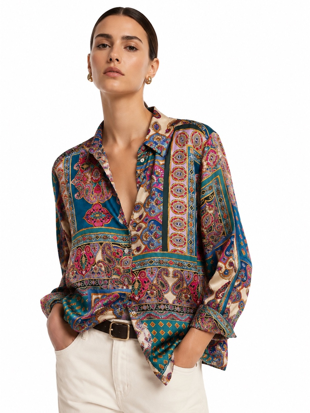 ZARA Satin Paisley Boho Scarf Print Patchwork Button Down